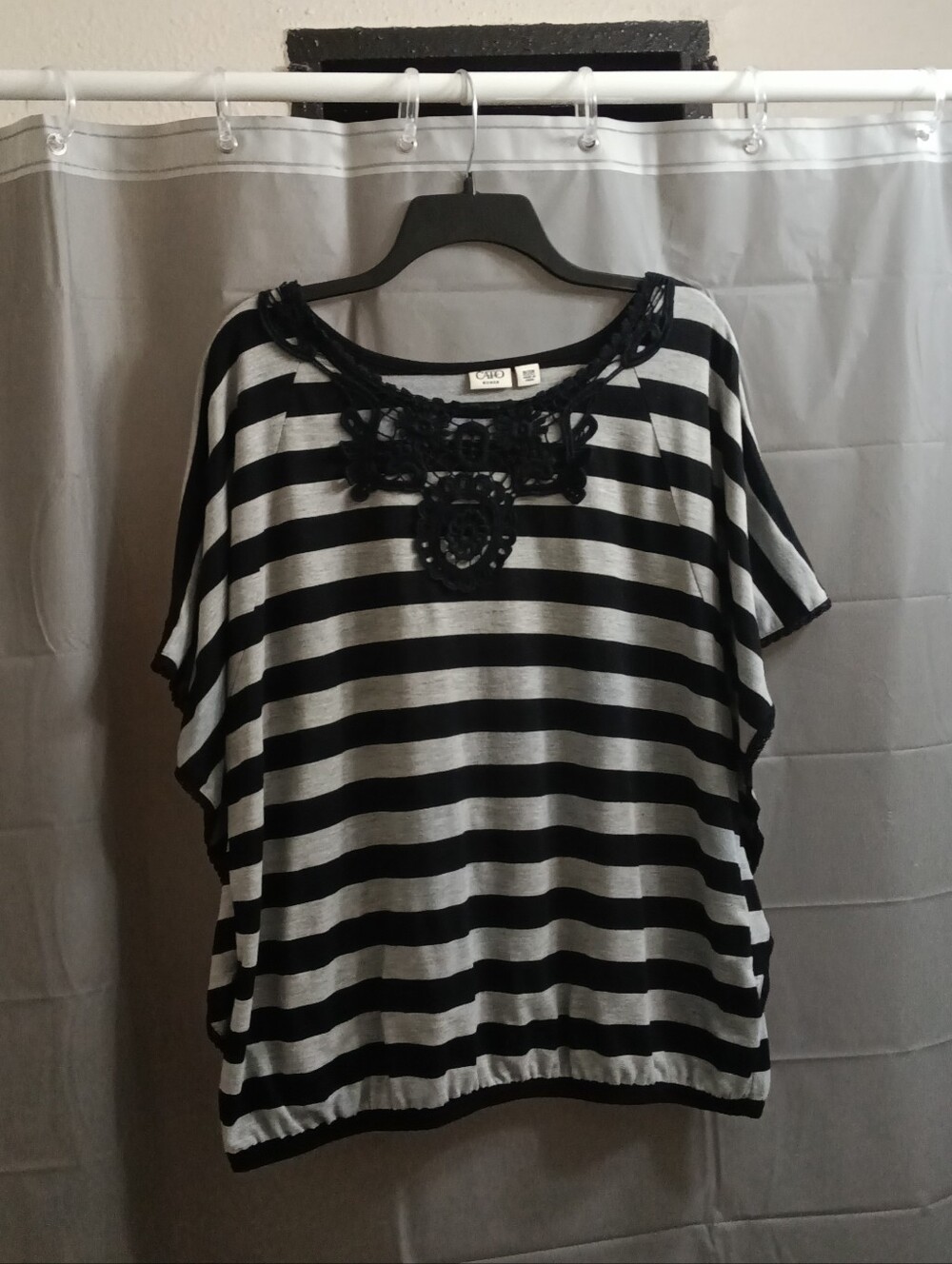 Cato Black & White Striped Short Sleeve Top with Lace Yoke Detail
